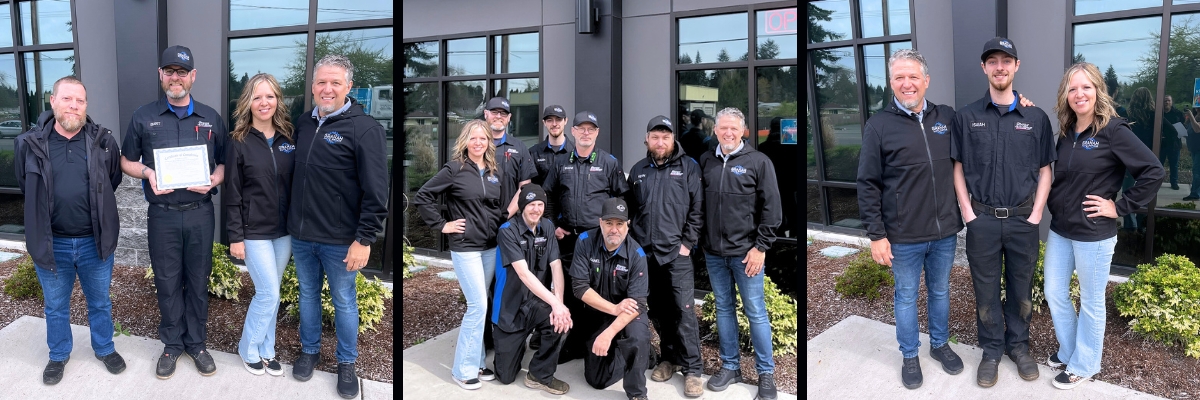 Bart holding iTAC certificate with rep, Robert, from NWACA. Graham Auto Repair Yelm, WA Team. Troy and Kori Vaninetti with Isaiah, our newest Apprentice.